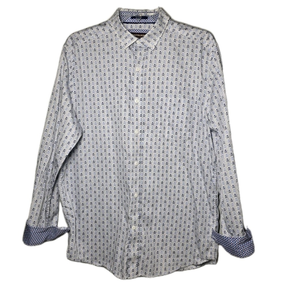 Johnston & Murphy Shirt Mens Medium Button Down Blue Skull All Over Print
